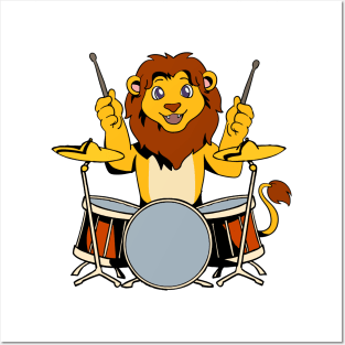 Comic lion playing drums Posters and Art